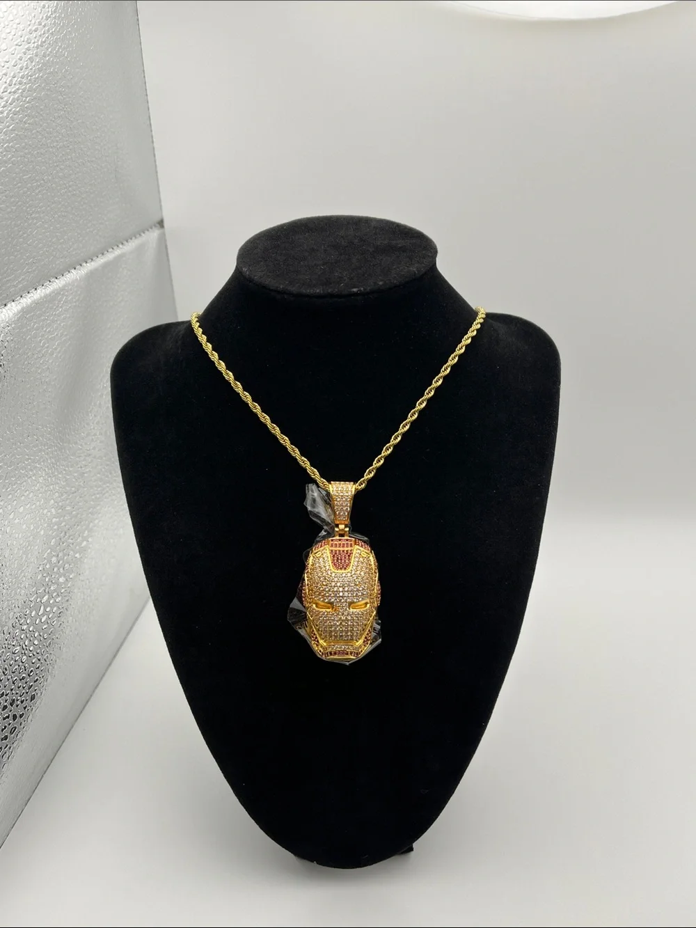24”, Gold Iron Mask Pendant Necklace - Men's Gold Tone Statement Jewelry